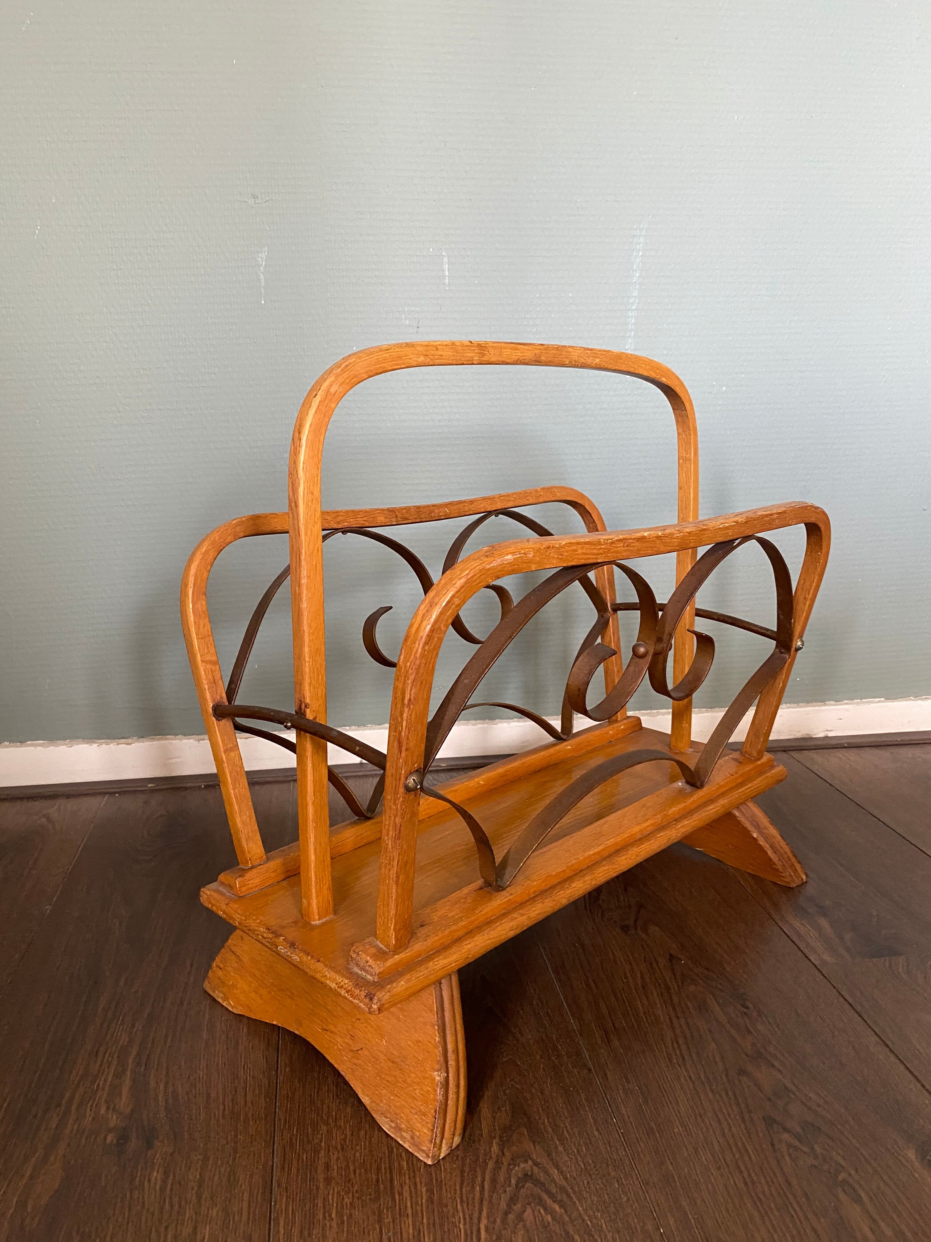 Vintage Wood and Brass Magazine Rack, 1930s