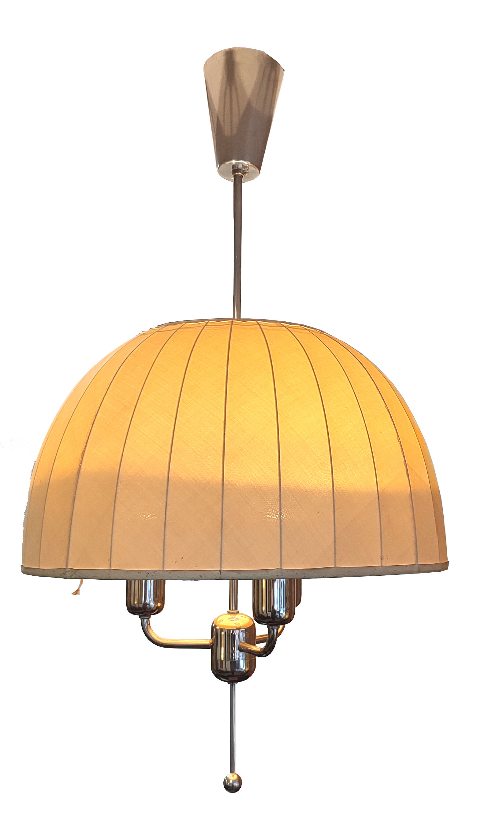 Hans Agne Jakobsson pendant lamp in chromed metal and silk lampshade, 60s