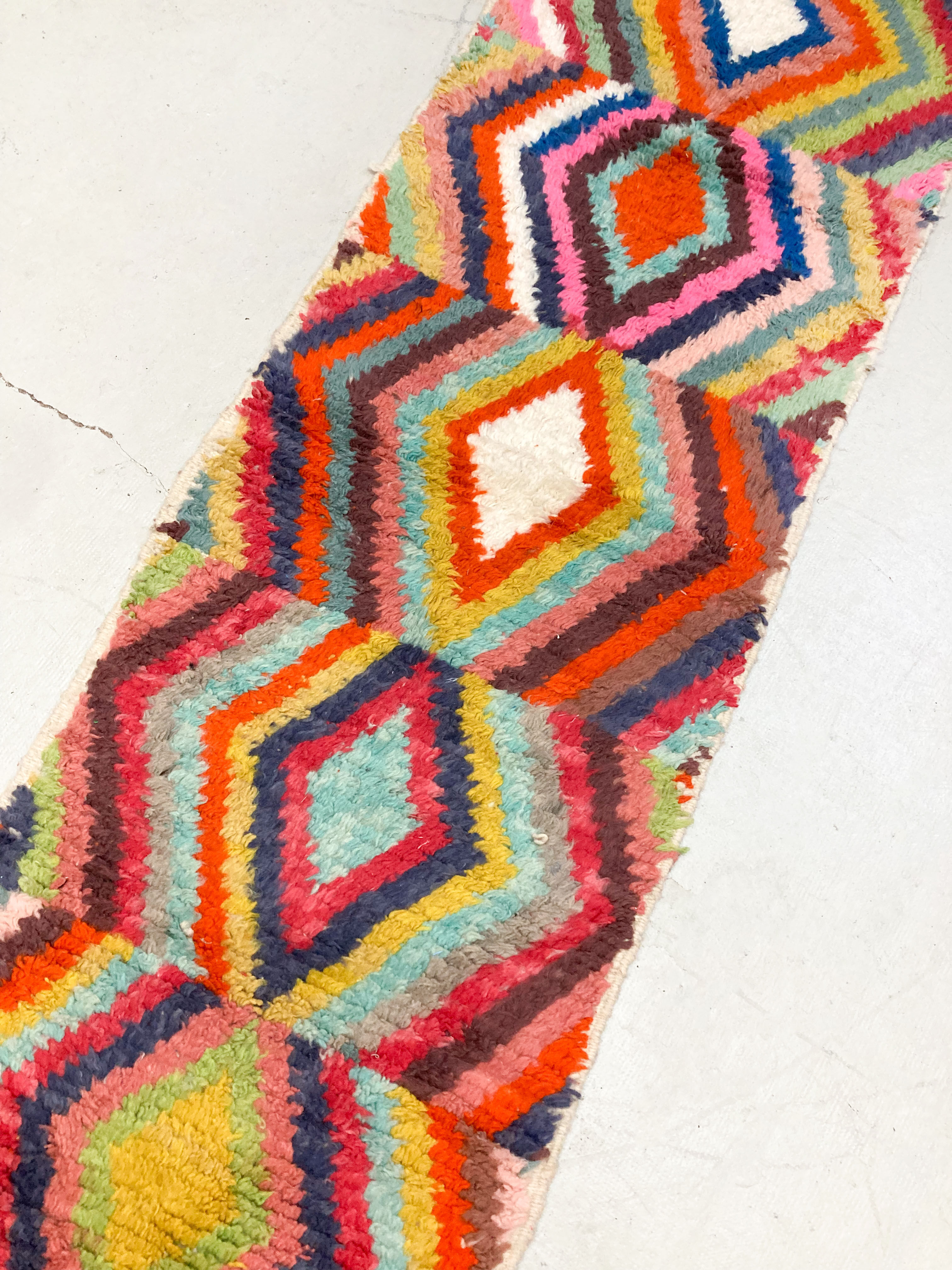 Moroccan Berber rug Boujaad with multicolored diamonds 336x82cm