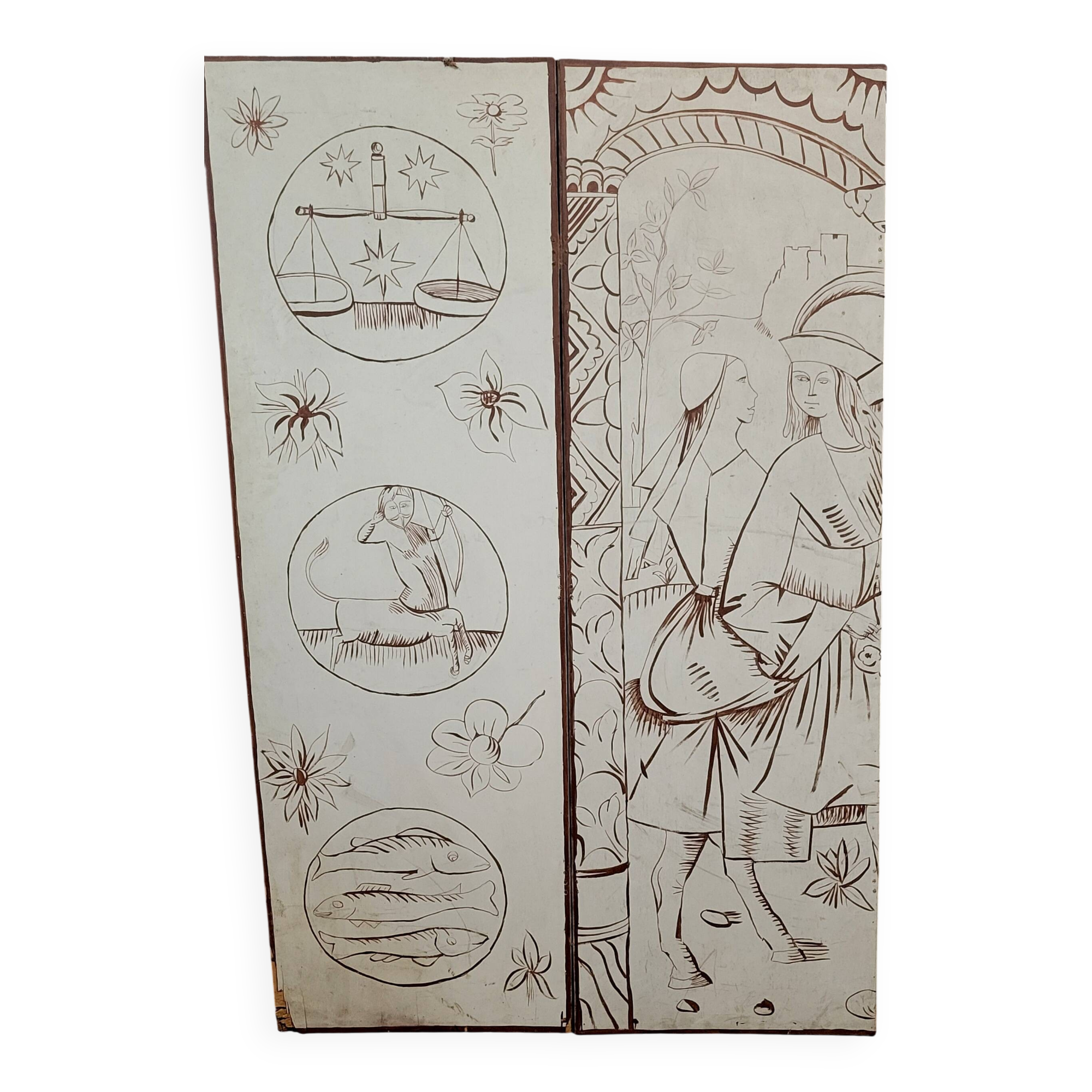 Two-leaf screen depicting a historical figure and symbols