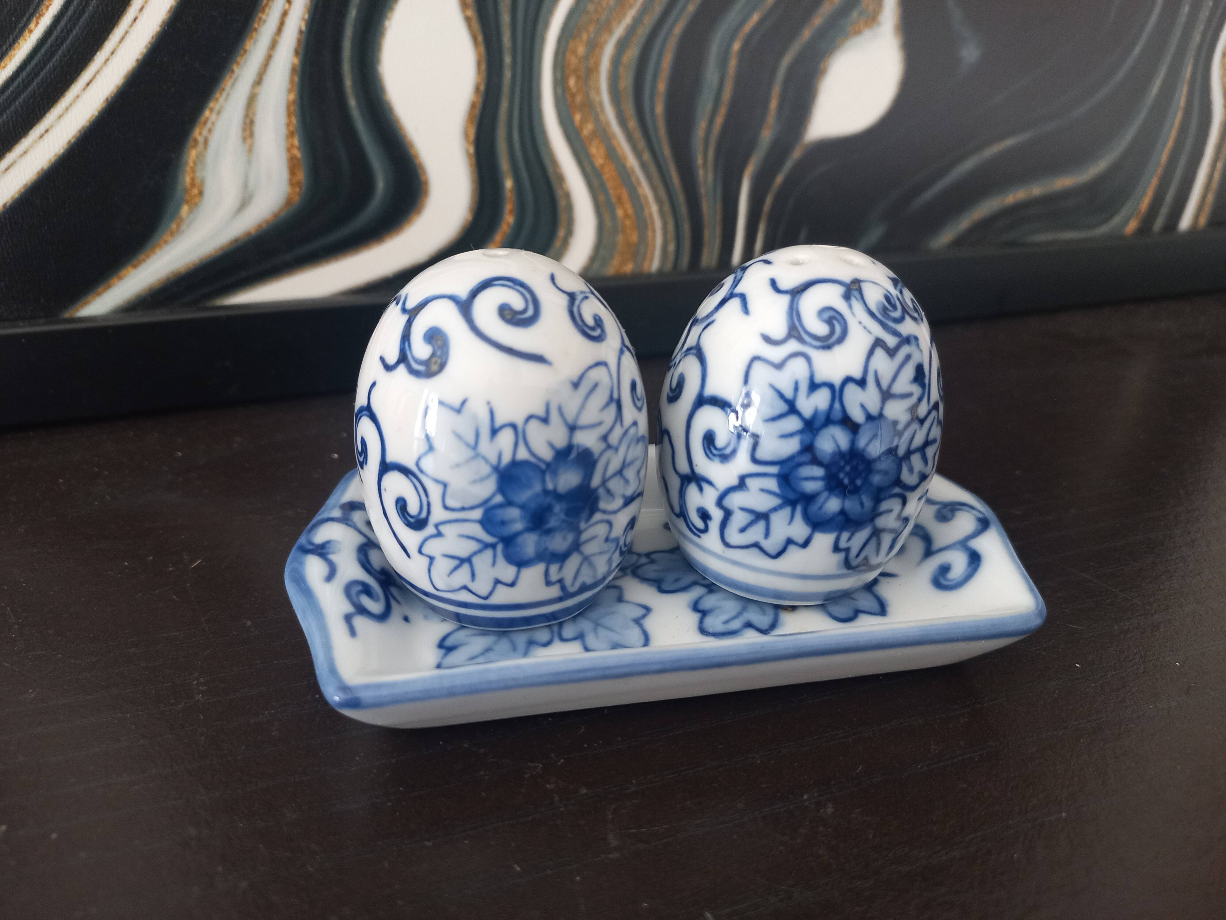 Vintage blue porcelain salt and pepper shakers