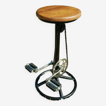 Bar stool metal base seated in teak