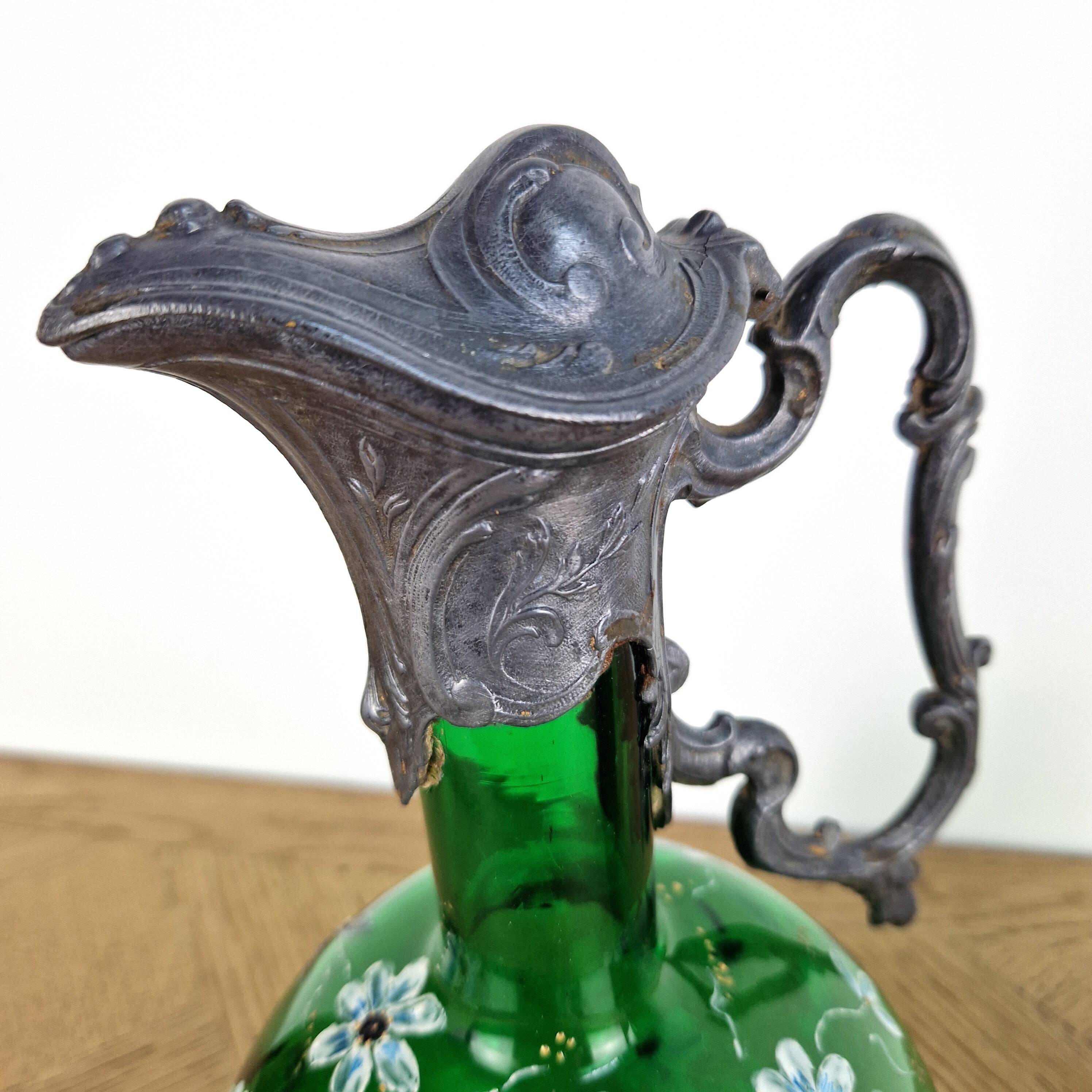 Antique Art Nouveau carafe - Bird jug enamelled glass