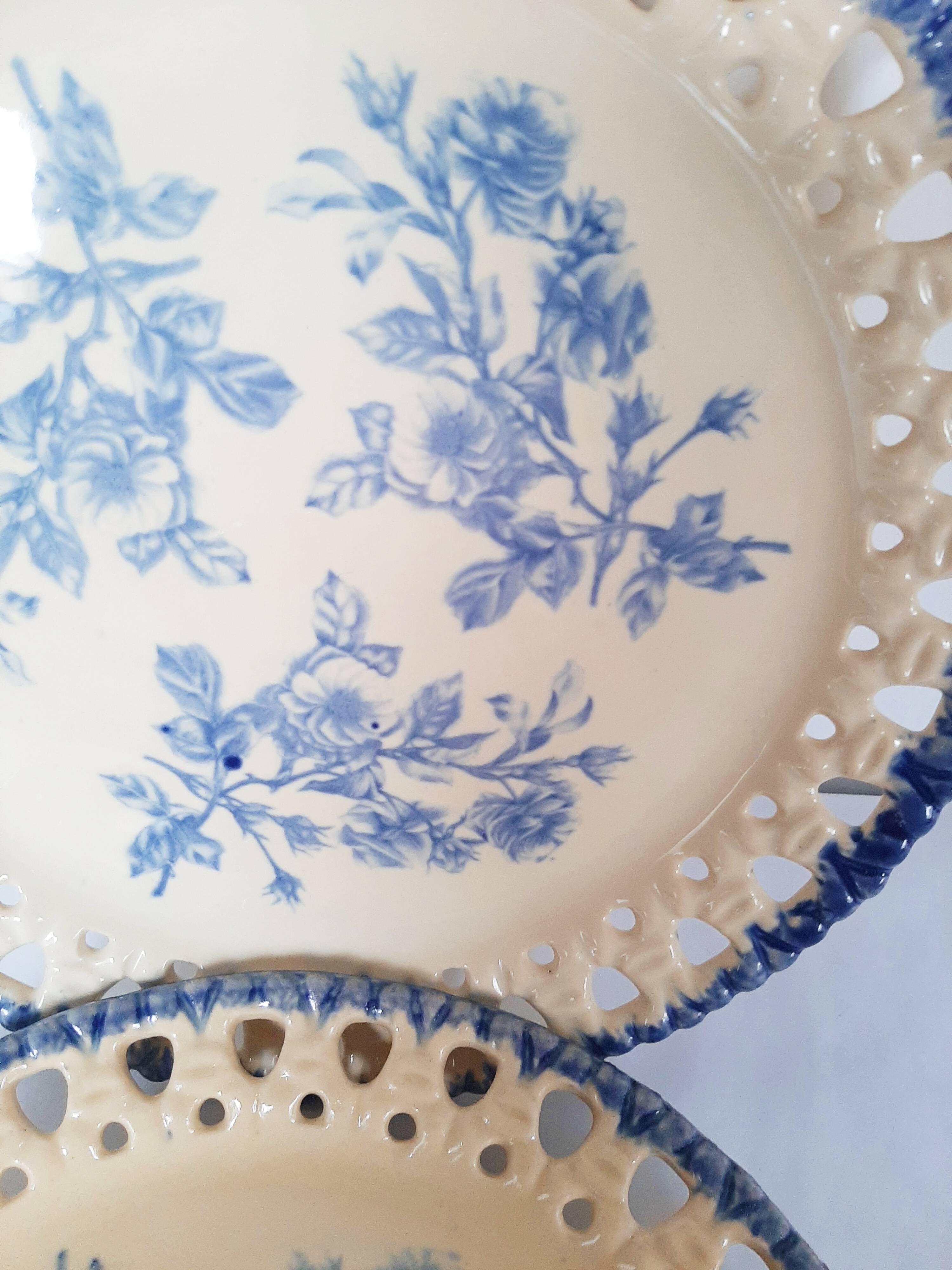Decorative openwork plates with blue flowers