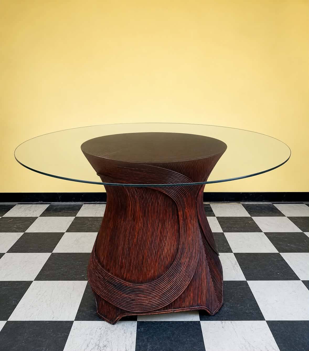 Table marqueterie de rotin vintage 1970