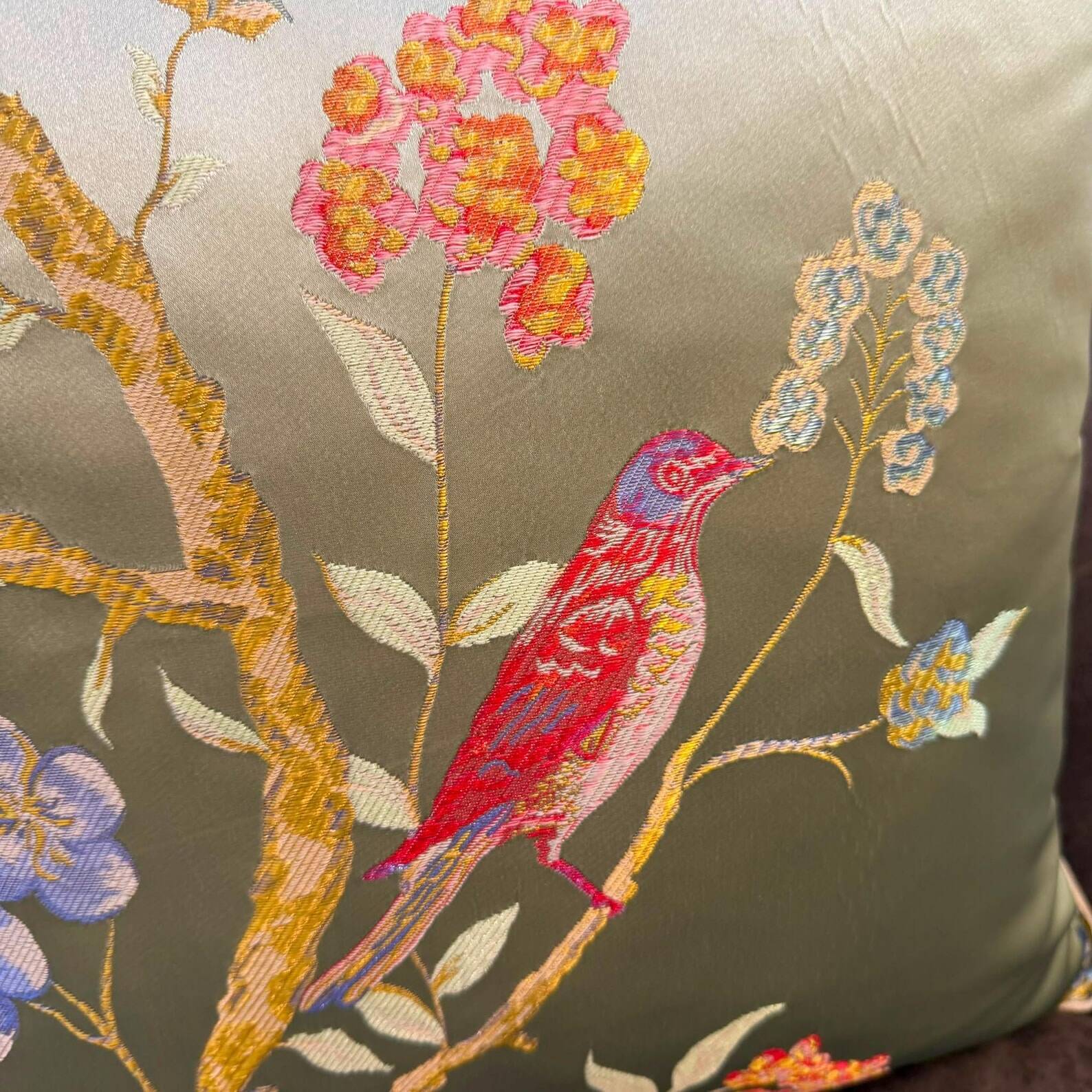 Chinoiserie Bird Cushion Cover, Cream Piped Silk Botanical Pillow