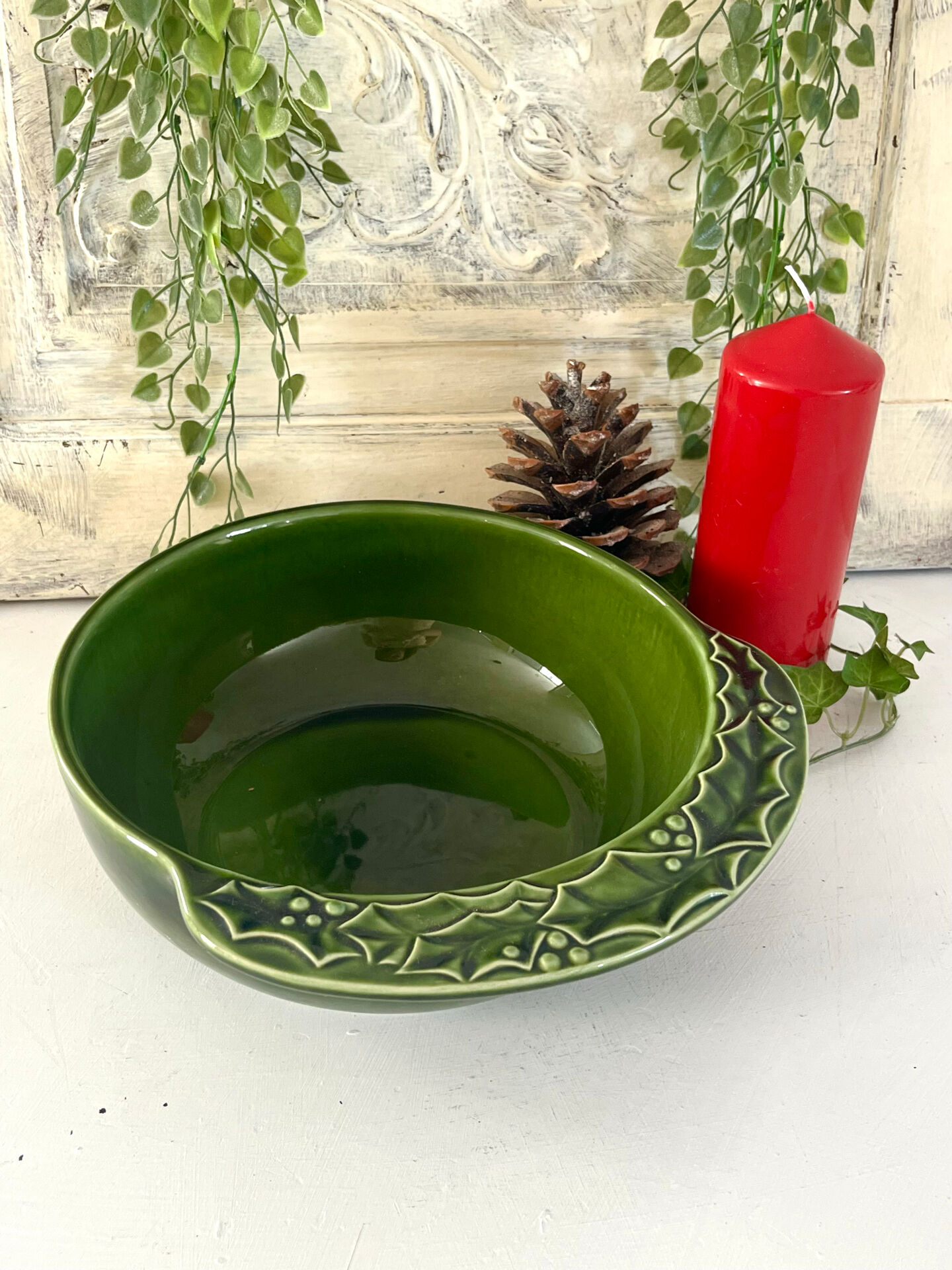Christmas serving bowl, French BCI holly ceramic bowl, green glazed