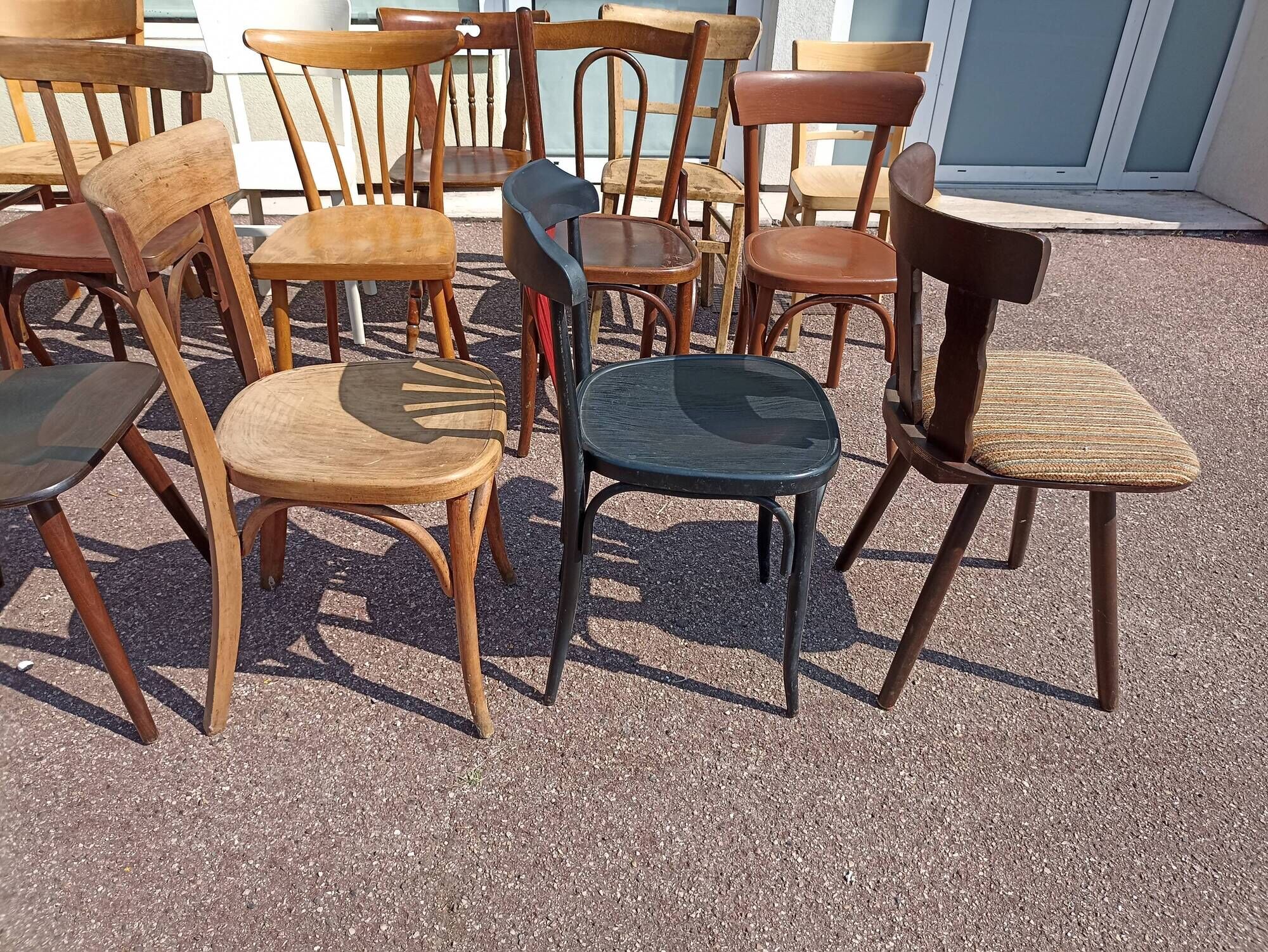 Set of 18 mismatched wooden bistro chairs - vintage