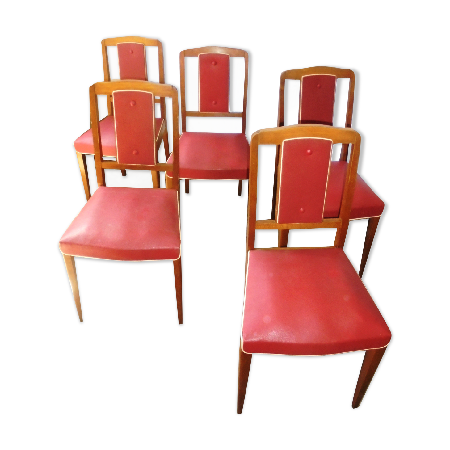 Set of 5 wooden chairs and red skaï