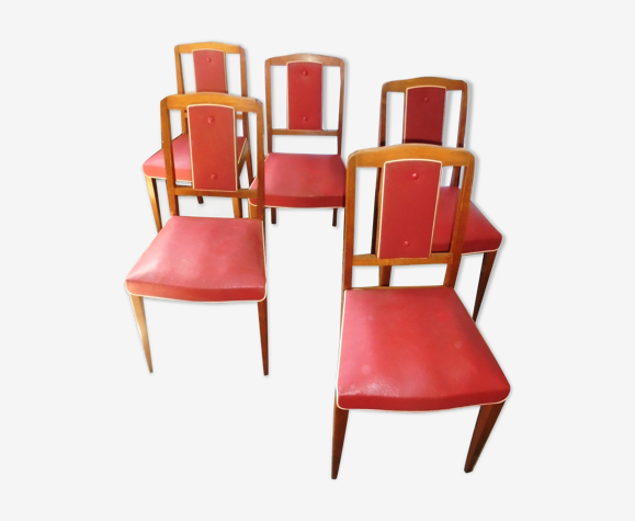 Lot de 5 chaises bois et skaï rouge