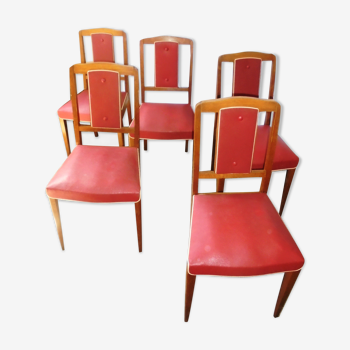 Set of 5 wooden chairs and red skaï