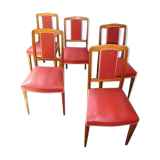 Set of 5 wooden chairs and red skaï
