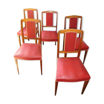 Set of 5 wooden chairs and red skaï