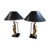 Pair of lamps in brass with swans