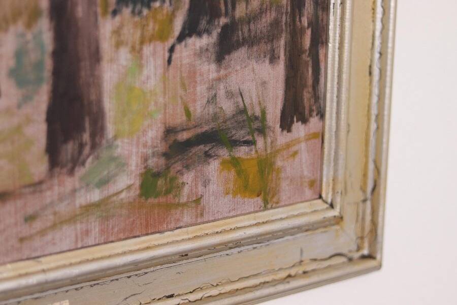 Original mid-century Swedish oil on panel – “Tree Trunks” by Harry Wichmann – dated 1953 – vintage & framed – 69 × 71 cm