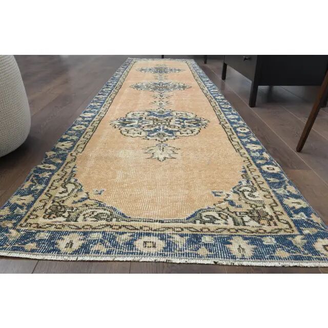 Vintage Turkish Oushak Handmade Wool Orange Runner Rug 81x333