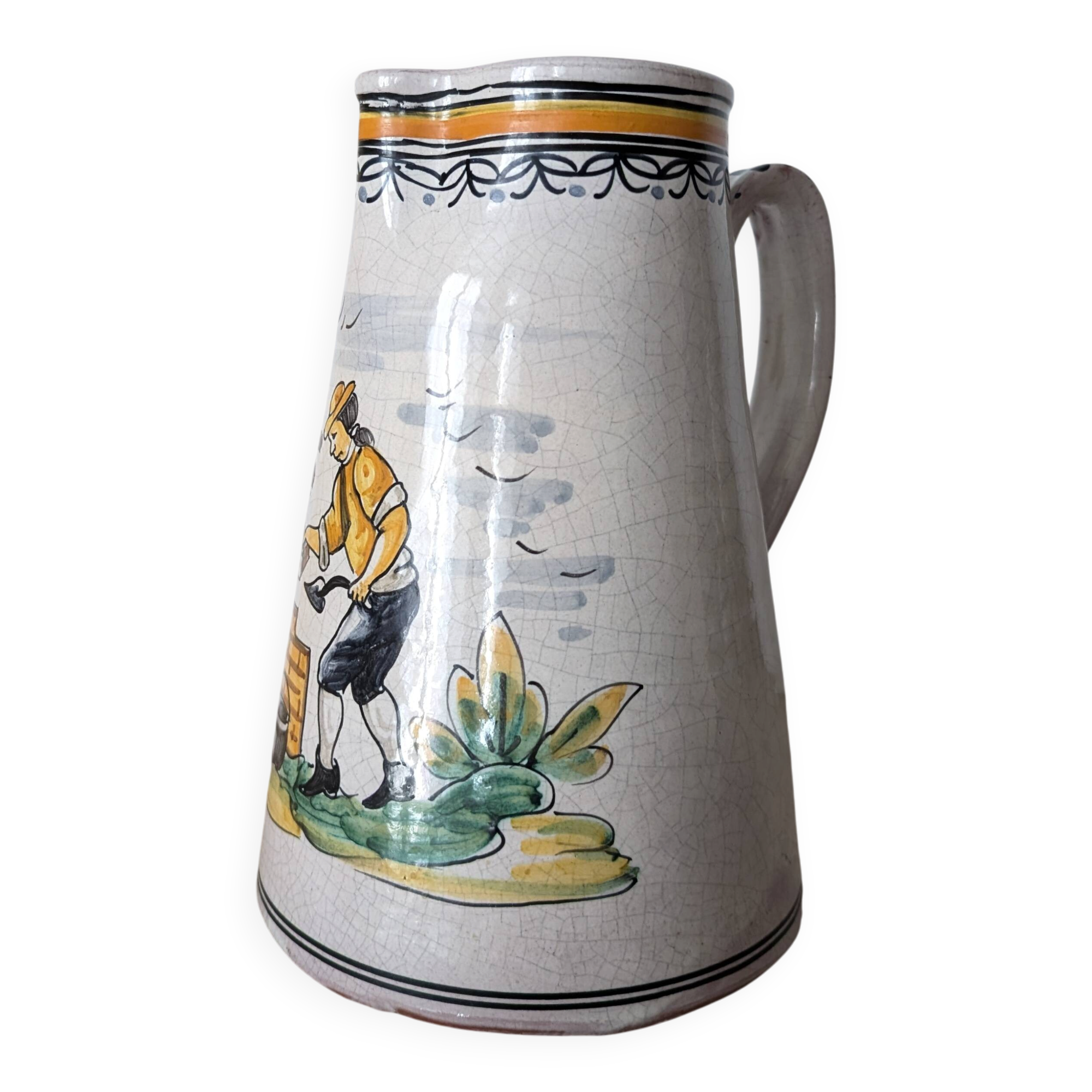 Ancien pichet en faïence peint à la main – Décor champêtre (20,5 cm)