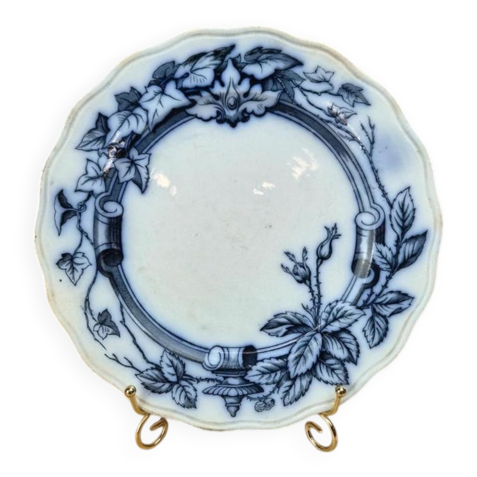 Antique English plate BWM & Co – Rose & Ivy pattern – registered 1868 – blue and black decoration.