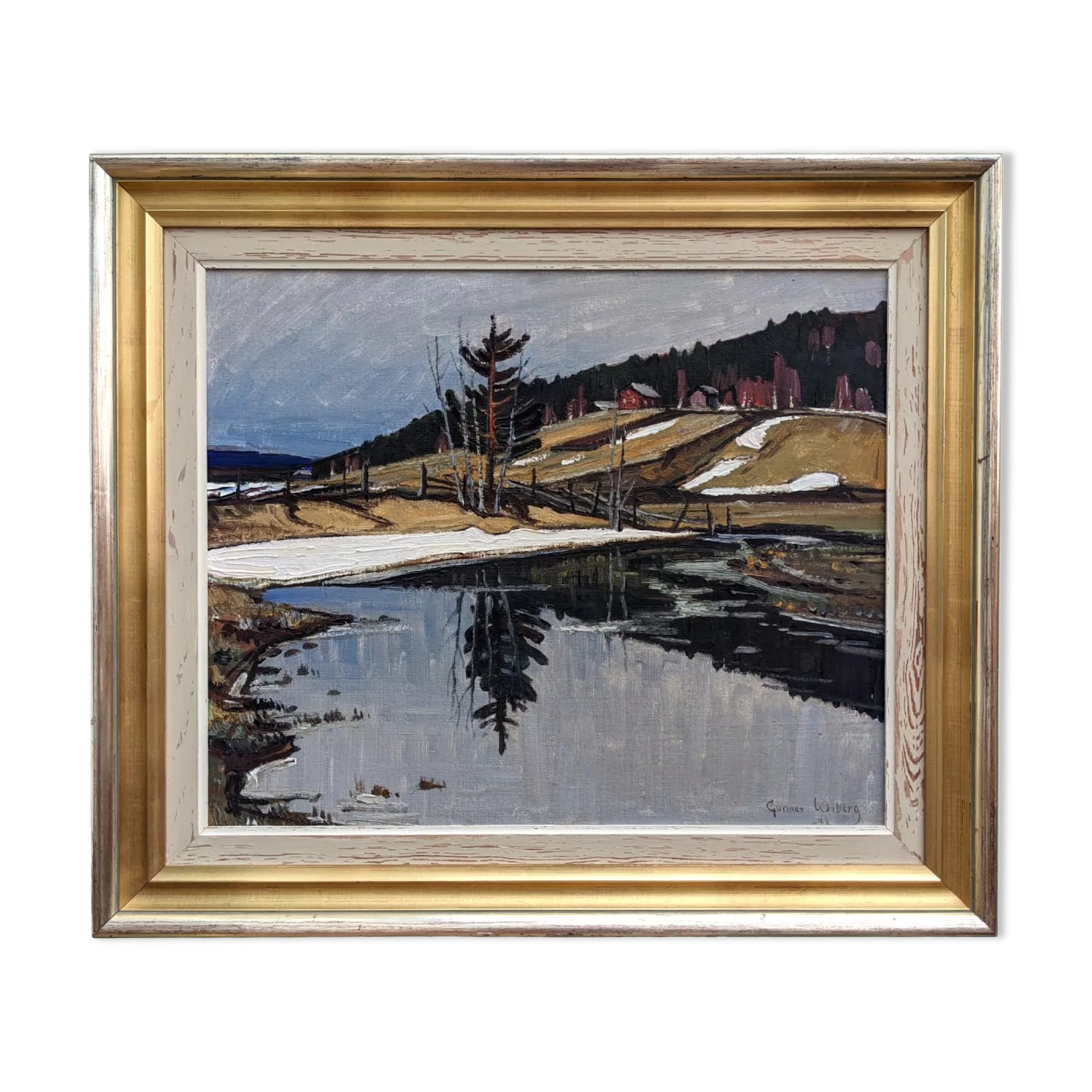 1948 Mid-Century Modern Swedish "Still" Vintage Landscape Oil Painting, Framed