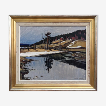 1948 Mid-Century Modern Swedish "Still" Vintage Landscape Oil Painting, Framed