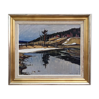 1948 Mid-Century Modern Swedish "Still" Vintage Landscape Oil Painting, Framed