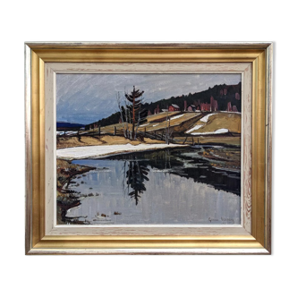 Peinture à l’huile de paysage vintage suédoise moderne « encore » du milieu du siècle encadrée 1948