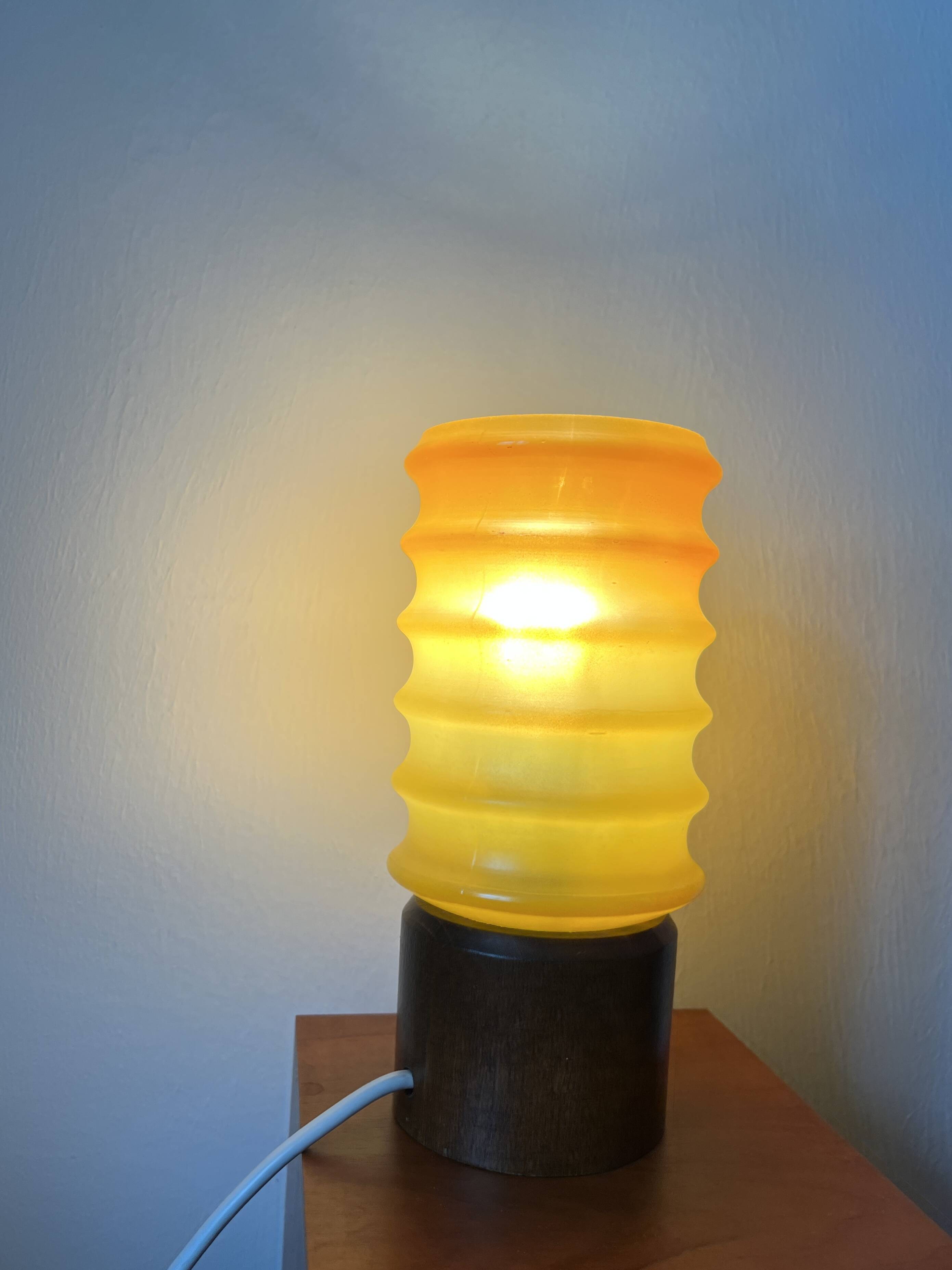 Vintage Bedside Lamp Wood Base & Yellow Orange Glass, VEB Lighting, GDR