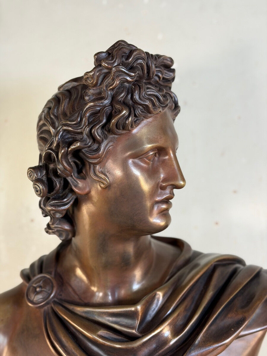 Bronze patina bust medal, Apollo of the Belvedere, bronzier Luppens, 19th century