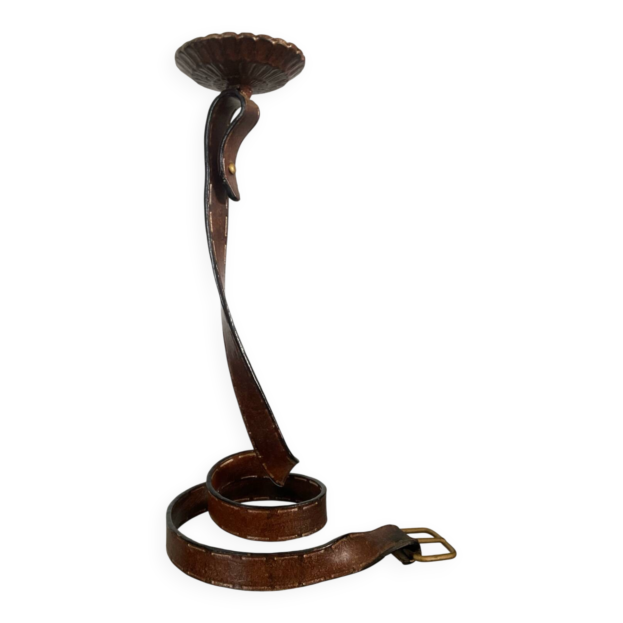 Vintage brutalist wrought iron snake candle holder