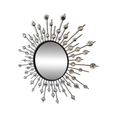 Miroir soleil fer miroir bisauté et cabochons diamants