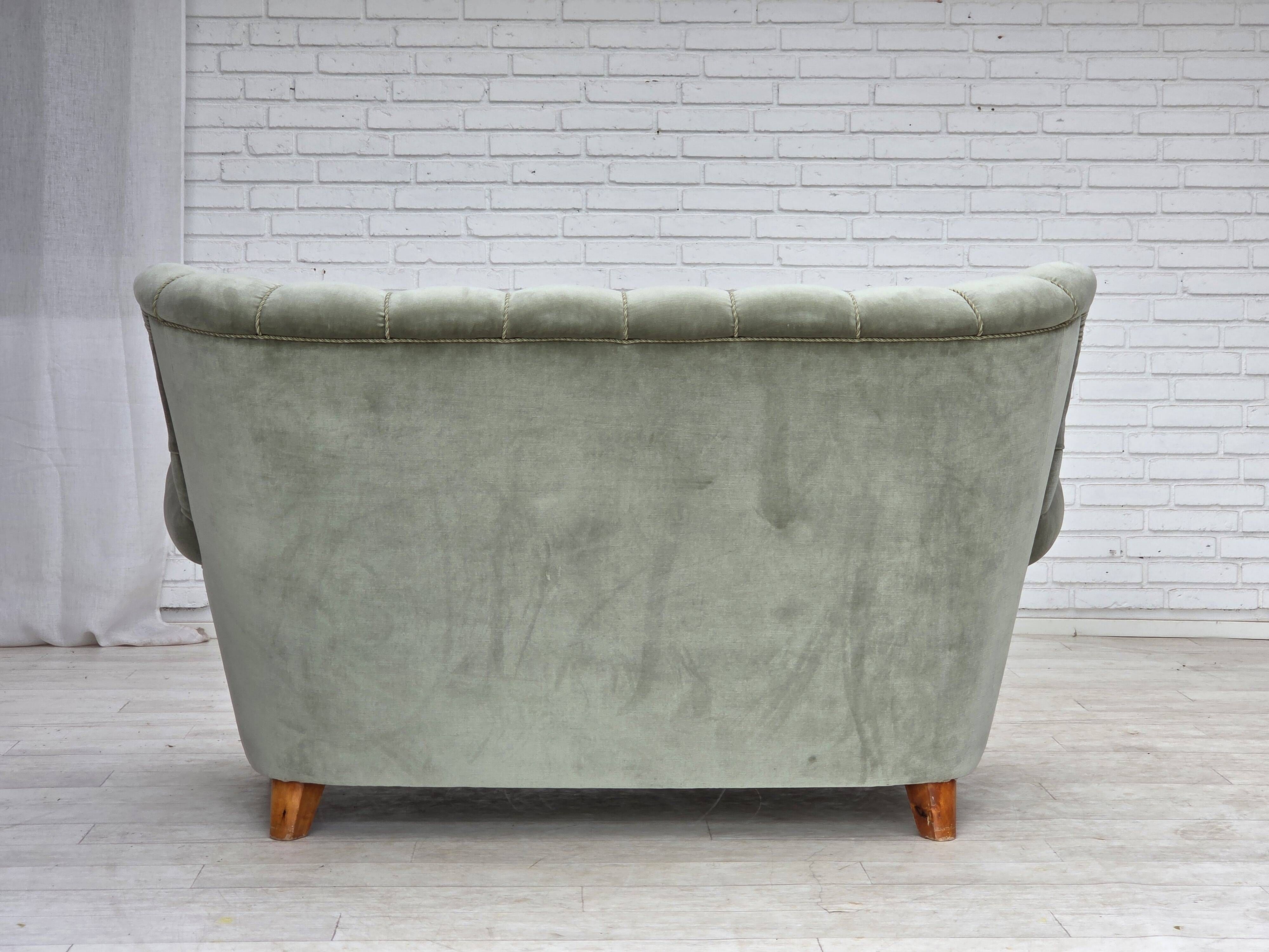 1960s, Danish 2-seater sofa. light green furniture velour.