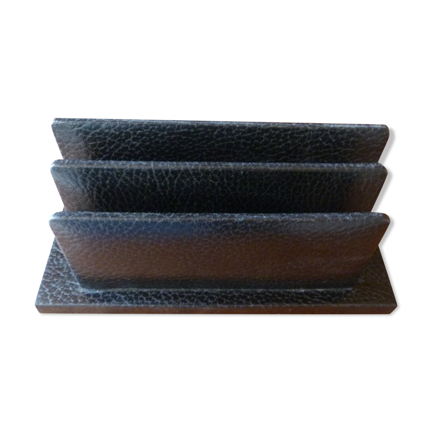Vintage letter holder in black leather relief office accessory