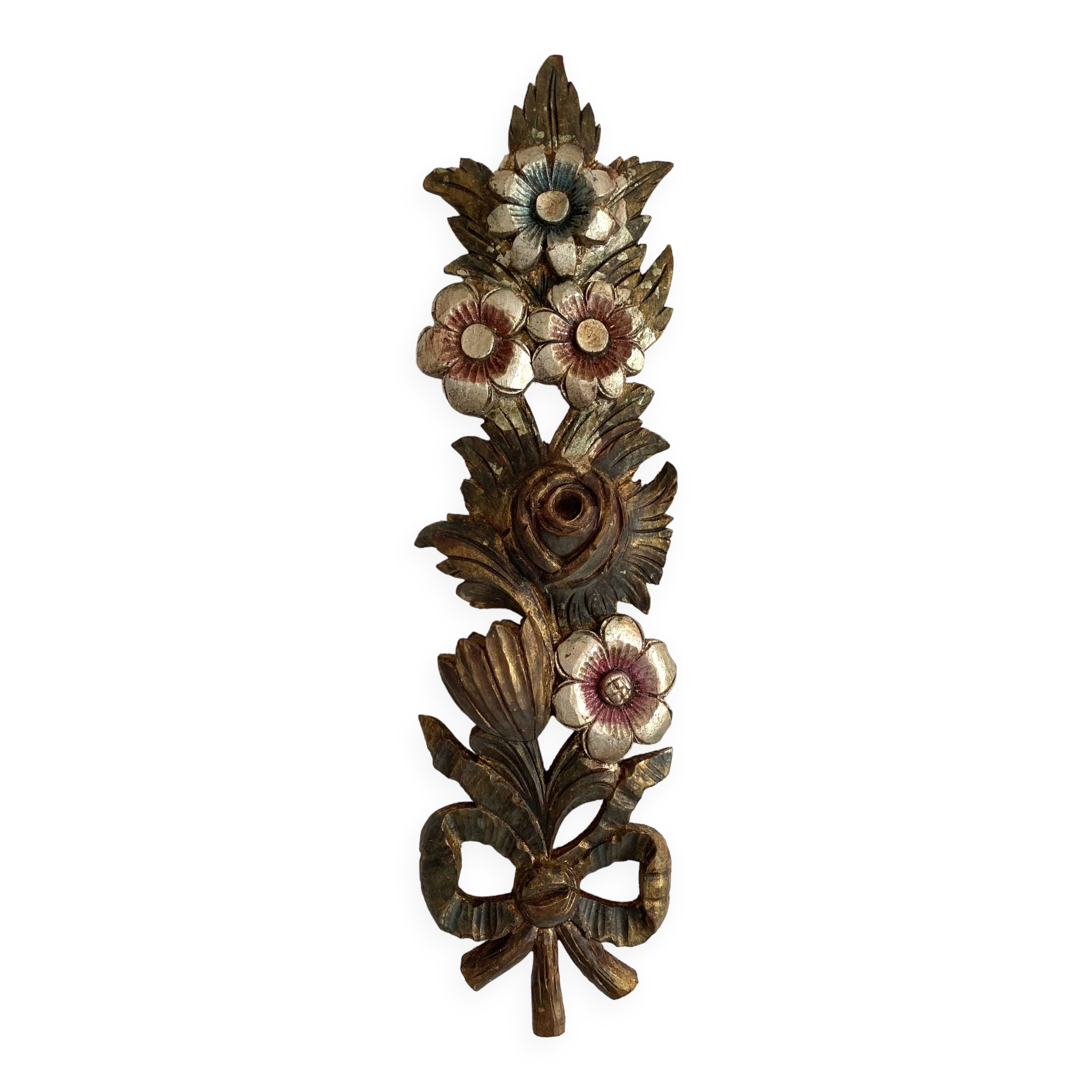 Decorative carved wooden ornament bouquet flowers and ribbon