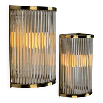 Set of Two Art Deco Style Murano Glass and Brass Wall Sconces, De Majo, 1970s