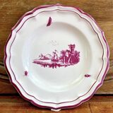 4 old Gien soup plates, pink landscape pattern, 1938/1960