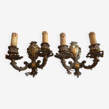 Pair of sconces with two branches in gilded bronze Louis XV style small format and in good condition. Height 18 Width 20 cm