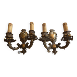 Pair of Louis XV style two-branch gilt bronze wall lights, small format and in good condition. Height 18 Width 20 cm