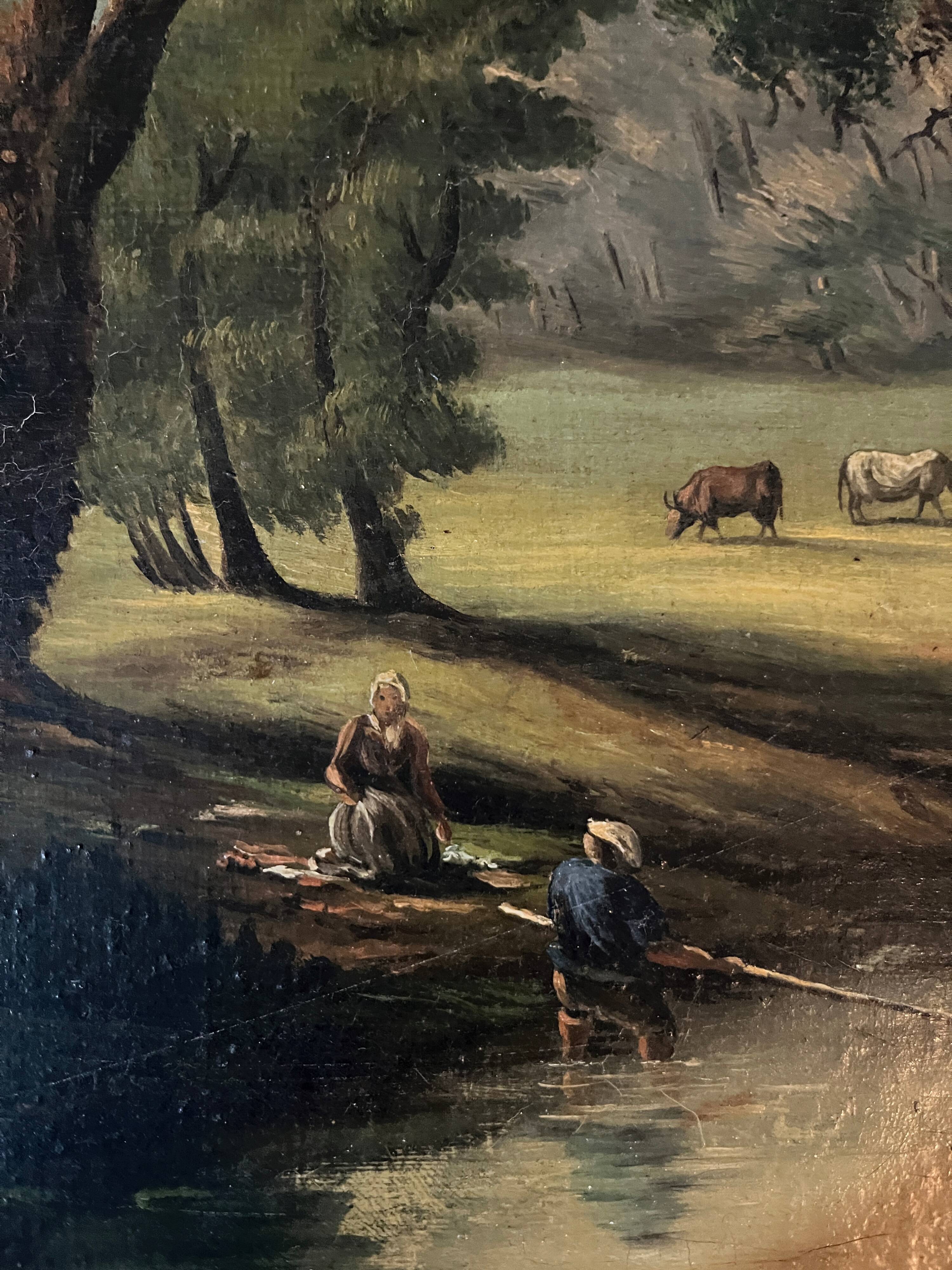 Tableau HST "Paysage pastoral animé vaches et couple" landscape XIX° siècle
