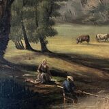 Tableau HST "Paysage pastoral animé vaches et couple" landscape XIX° siècle