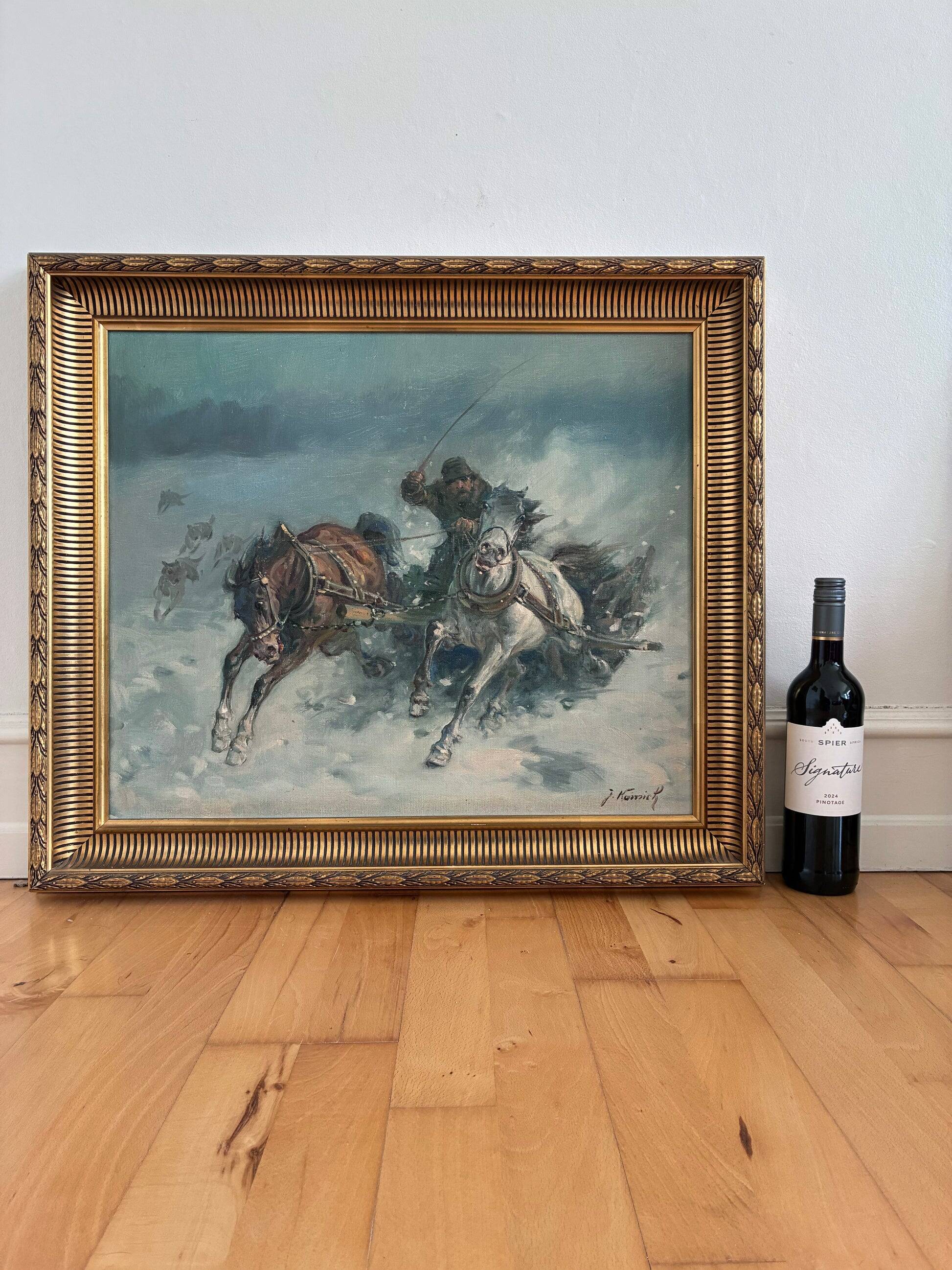 Peinture à l'huile vintage originale de cheval, grande œuvre d'art équestre signée pour mur.