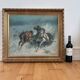 Peinture à l'huile vintage originale de cheval, grande œuvre d'art équestre signée pour mur.