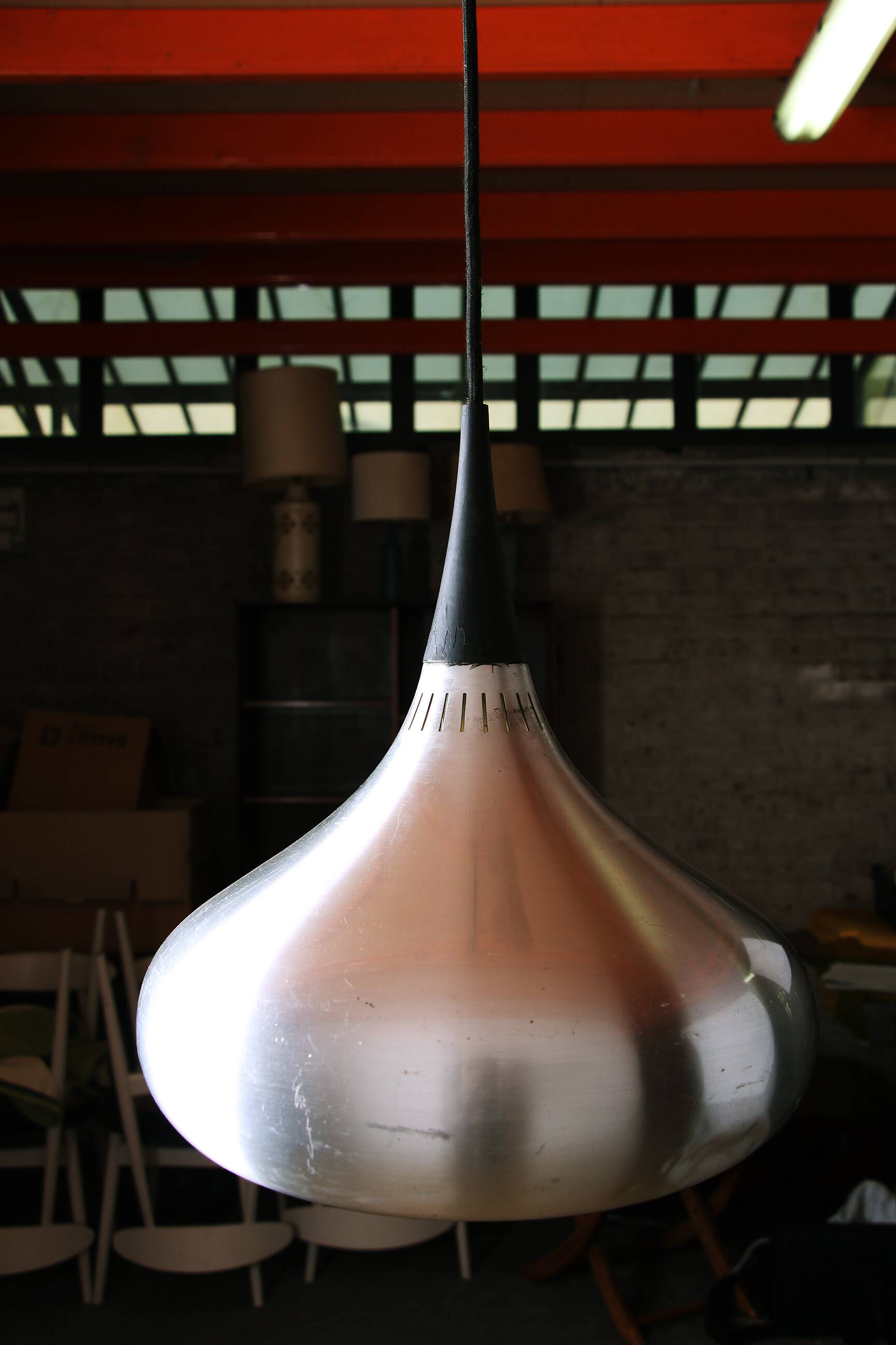 Large Danish pendant light in chrome metal, orient model by Jo Hammerborg for Fog & Morup 1960.