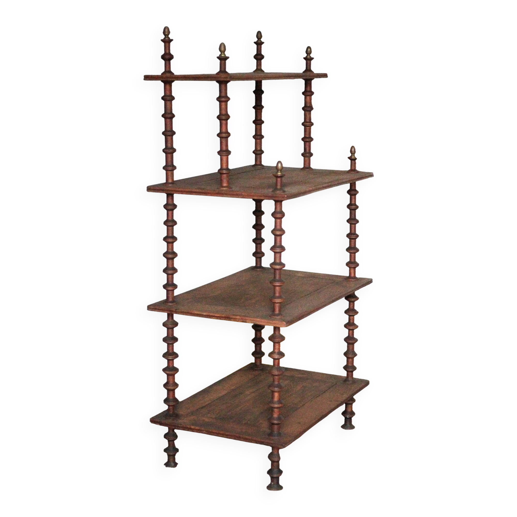 Napoleon III spool shelf, floor-standing shelf with brass tips.