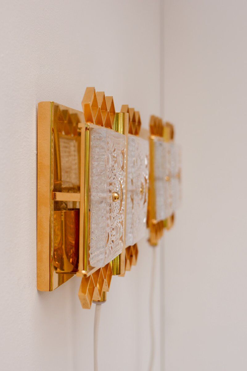Appliques murales en verre et laiton par Carl Fagerlund pour Orrefors, Suède, années 1970, ensemble de 2.
