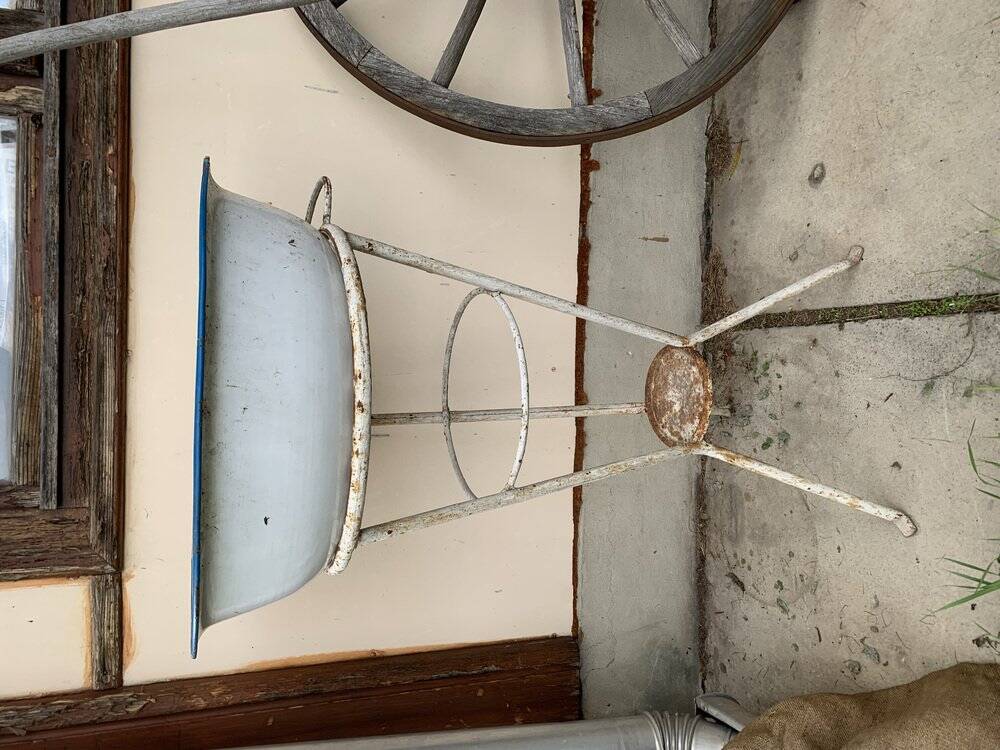 Set of 2 off-white enamelled metal washing machines/planters, blue rim, vintage industrial style.