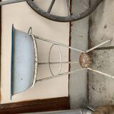 Set of 2 off-white enamelled metal washing machines/planters, blue rim, vintage industrial style.