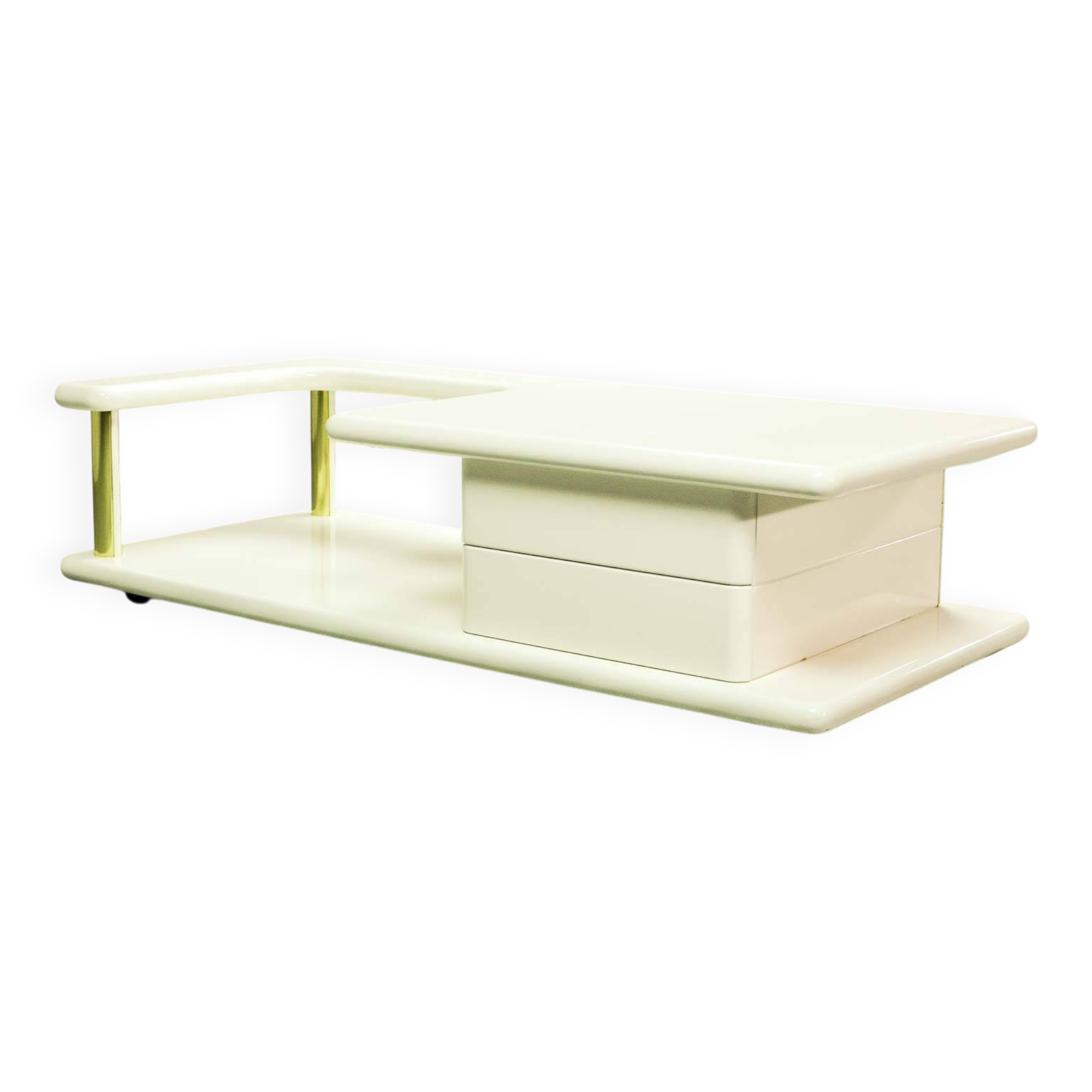 White High Gloss Free Form Italian Design Coffee Table w. Brass Accents 70s