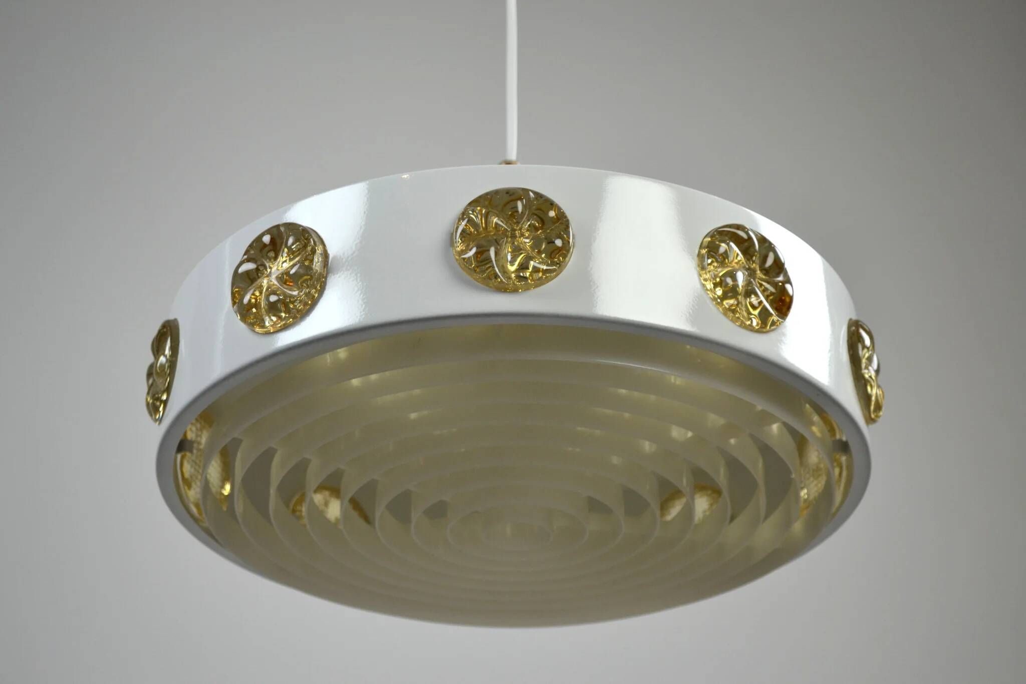 Pendant Lamp with Amber Glass Medallion Inserts — Vitrika, Denmark, 1960s