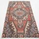 Tapis oriental vintage en laine, médaillon géométrique corail et bleu