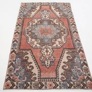 Tapis oriental vintage en laine, médaillon géométrique corail et bleu
